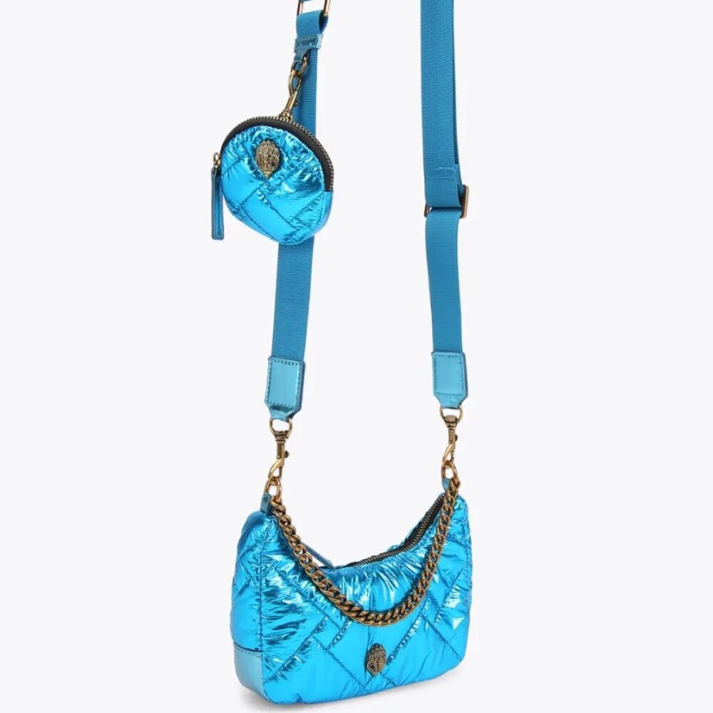 Kurt Geiger Small Quilted Metallic Blue Nylon Crossbody Bag with Pouch